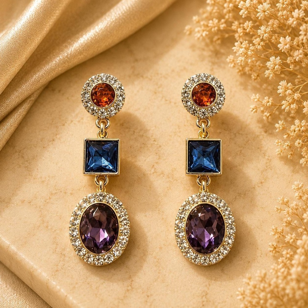 Vintage Monet Multicolor Crystal Drop Earrings Gold Tone Sample‎ One of a Kind